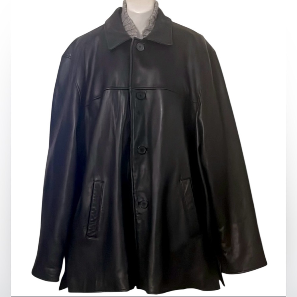 Mens Black Button Down Leather Jacket Unisex Sz 2XL